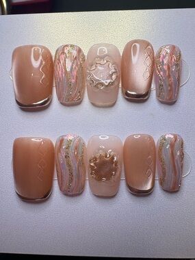 Nude Pink Holographic Swirl Press-On Nails Set